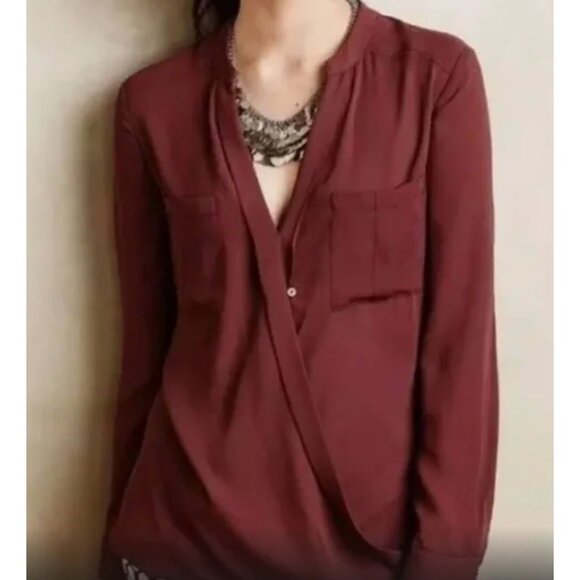 Anthropologie Maeve Eva Wrap Drape Front Blouse Women's Size 2 Crepe Taupe - Picture 16 of 16